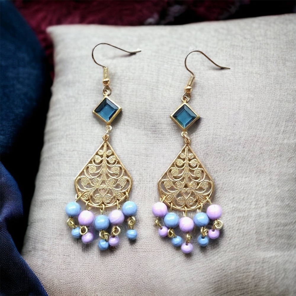 Blue Chandelier Earrings Purple Pastel Gold Dangle